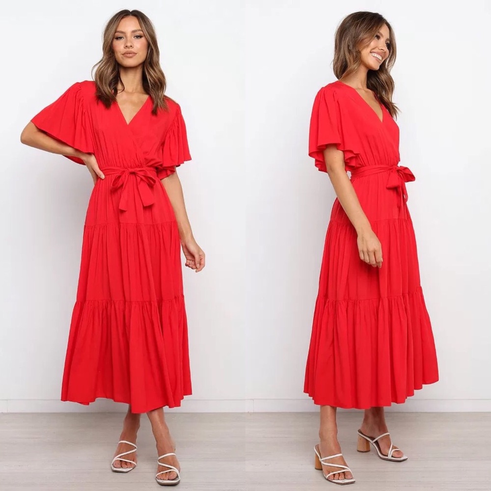 Bright Red V-neck Flutter Sleeve Maxi Dress